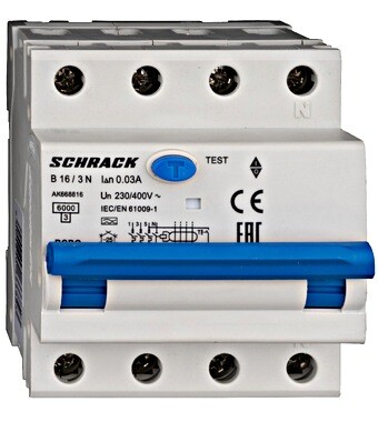 Schrack AK668616 AMPARO Proudový chránič s nadproudovou ochranou Třífázový16A/B 30mA 6kA 3+N