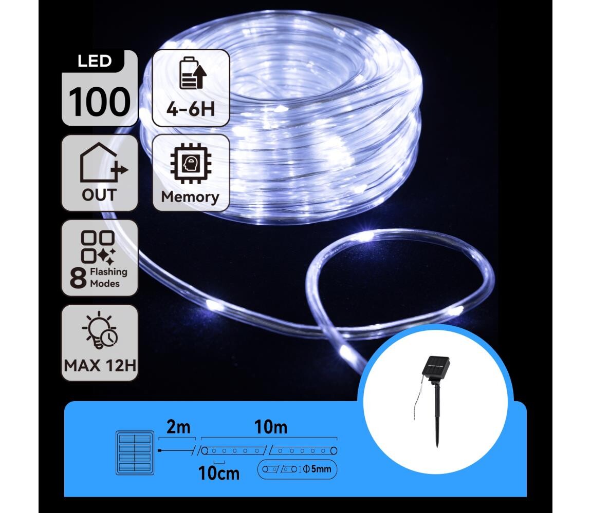 B.V.  - LED Solární  řetěz 100xLED/8 funkcí 12m IP65 studená bílá B10303K9E