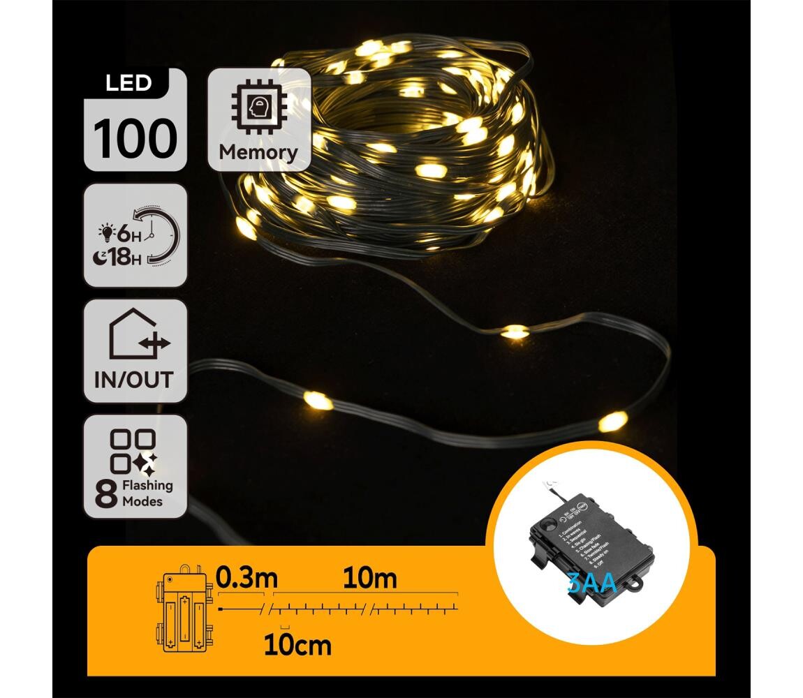 B.V.  -LED Venkovní vánoční řetěz 100xLED/8 funkcí 3xAA 10,3m IP44 teplá bílá B10303K1J