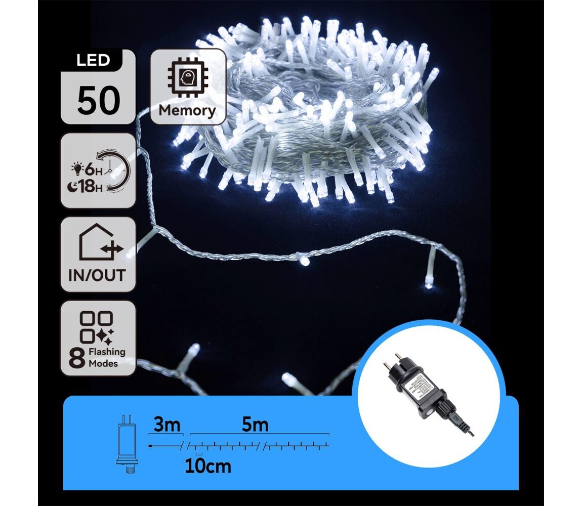 B.V.  - LED Venkovní  řetěz 50xLED/8 funkcí 8m IP44 studená bílá B103031OX