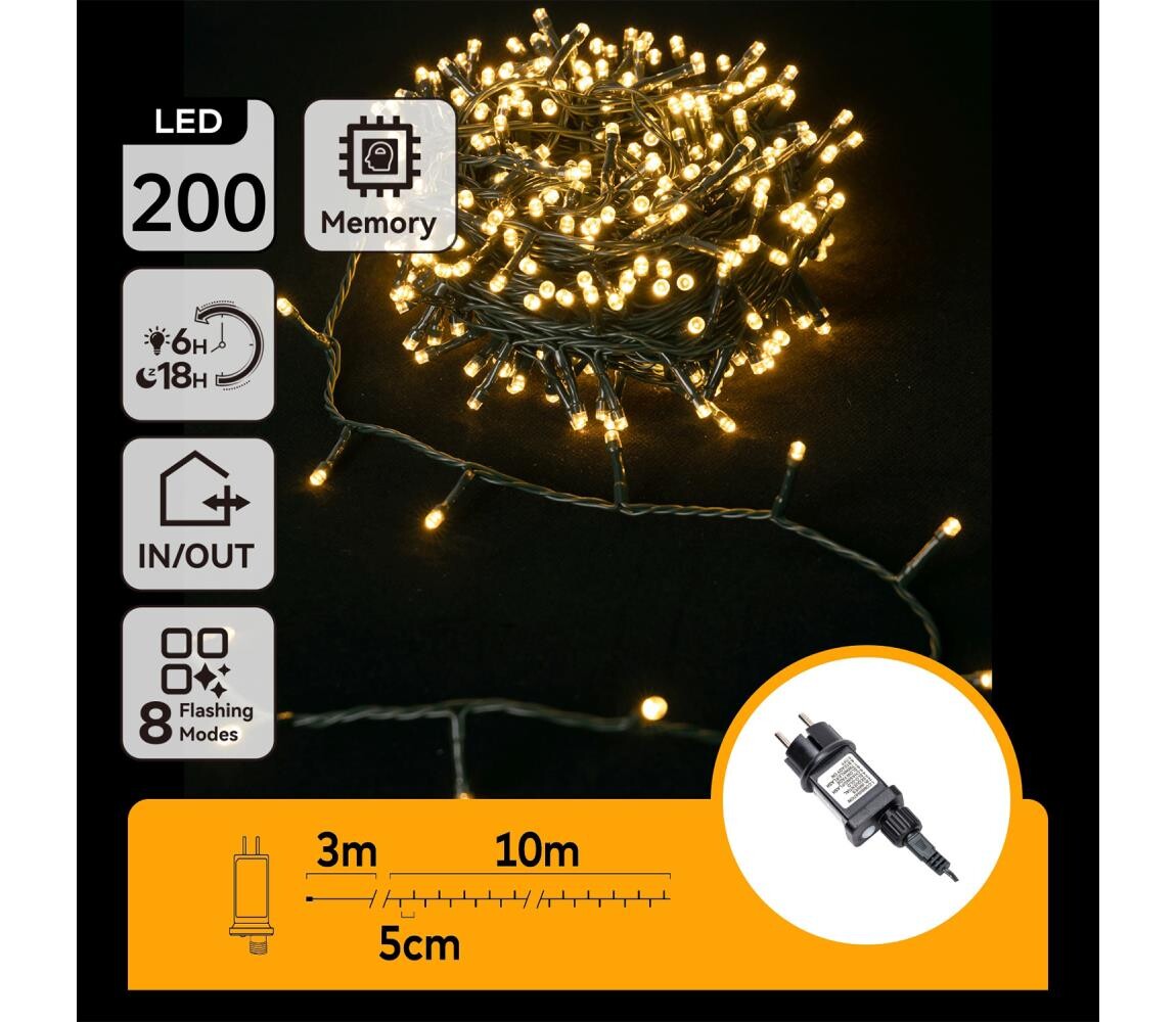 B.V.  - LED Venkovní vánoční řetěz 200xLED/8 funkcí 13m IP44 teplá bílá B103031PO