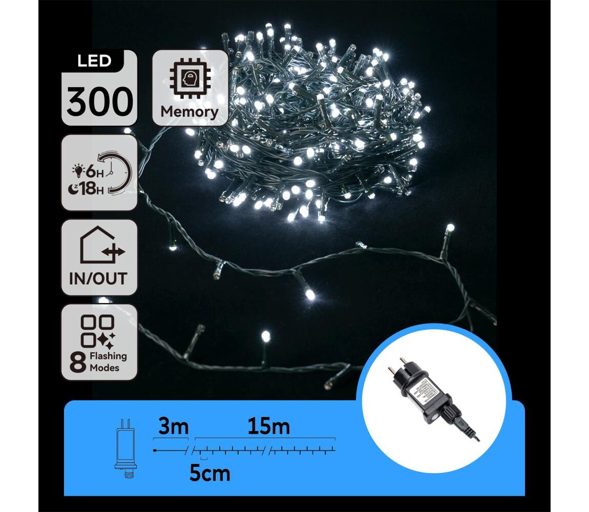 B.V.  - LED Venkovní  řetěz 300xLED/8 funkcí 18m IP44 studená bílá B103031OP
