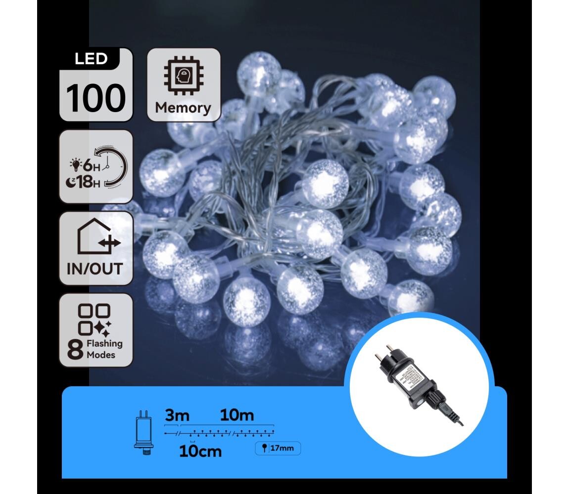 B.V.  - LED Venkovní vánoční řetěz 100xLED/8 funkcí 13m IP44 studená bílá B103031NO
