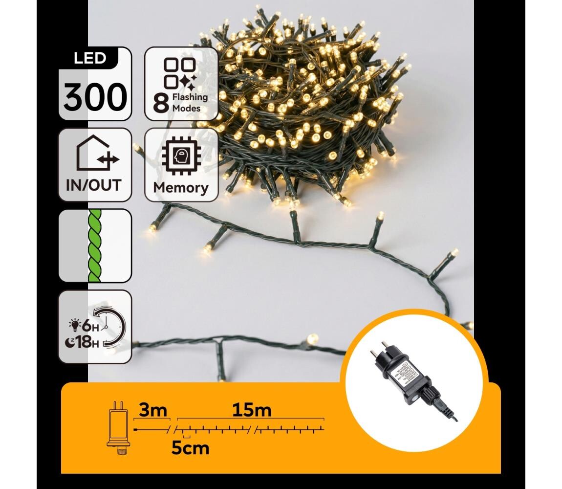 B.V.  - LED Venkovní vánoční řetěz 300xLED/8 funkcí 18m IP44 teplá bílá B10303JN1