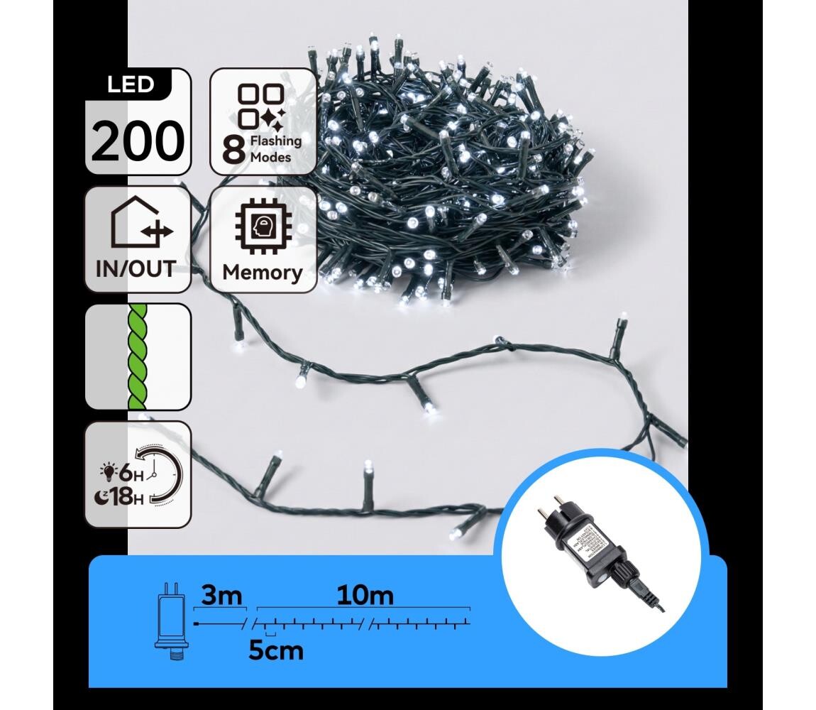 B.V.  - LED Venkovní vánoční řetěz 200xLED/8 funkcí 13m IP44 studená bílá B10303JN6