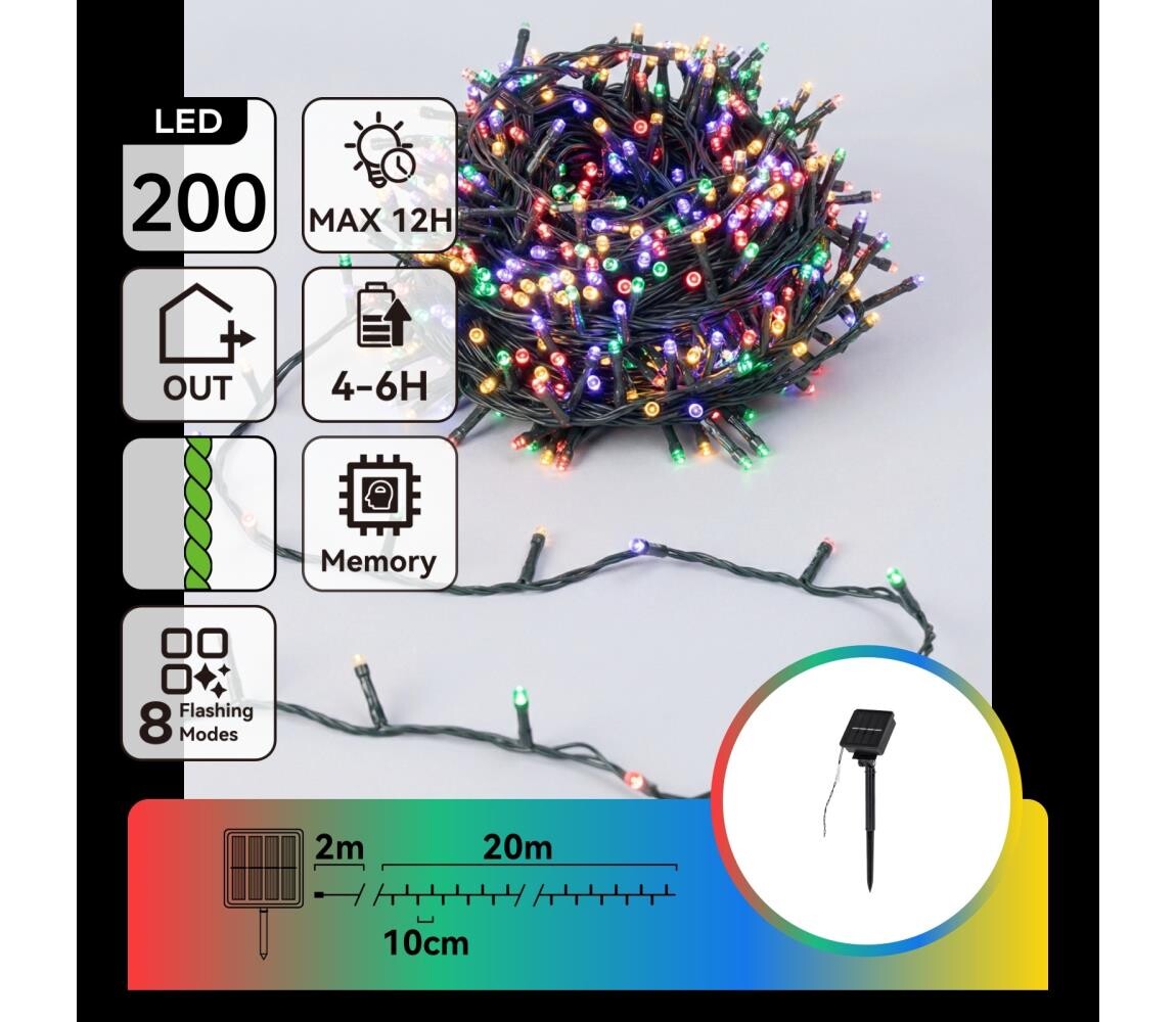 B.V.  - LED Solární ván řetěz 200xLED/8 funkcí 22m IP65 multicolor 800 mAh B10201ACRZ
