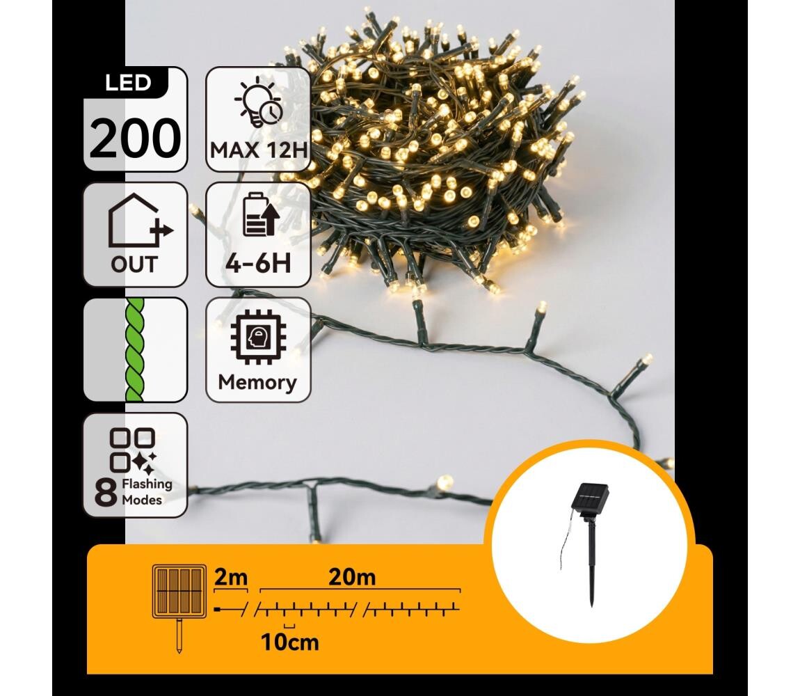 B.V.  - LED Solární vánoční řetěz 200xLED/8 funkcí 22m IP65 teplá bílá 800mAh B10201ACSB