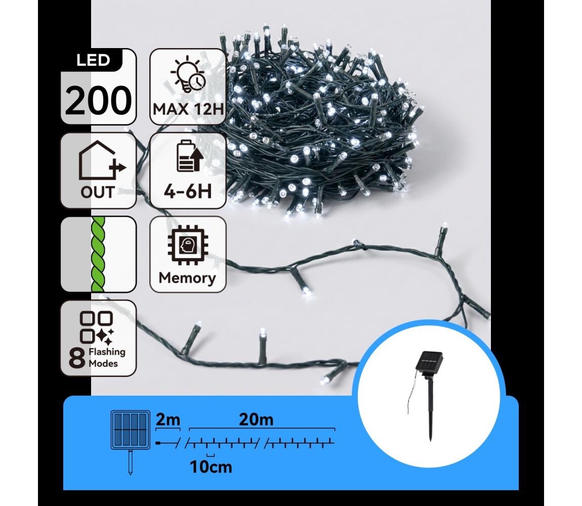 B.V.  - LED Solární ván řetěz 200xLED/8 funkcí 22m IP65 studená bílá 800 mAh B10201ACSA