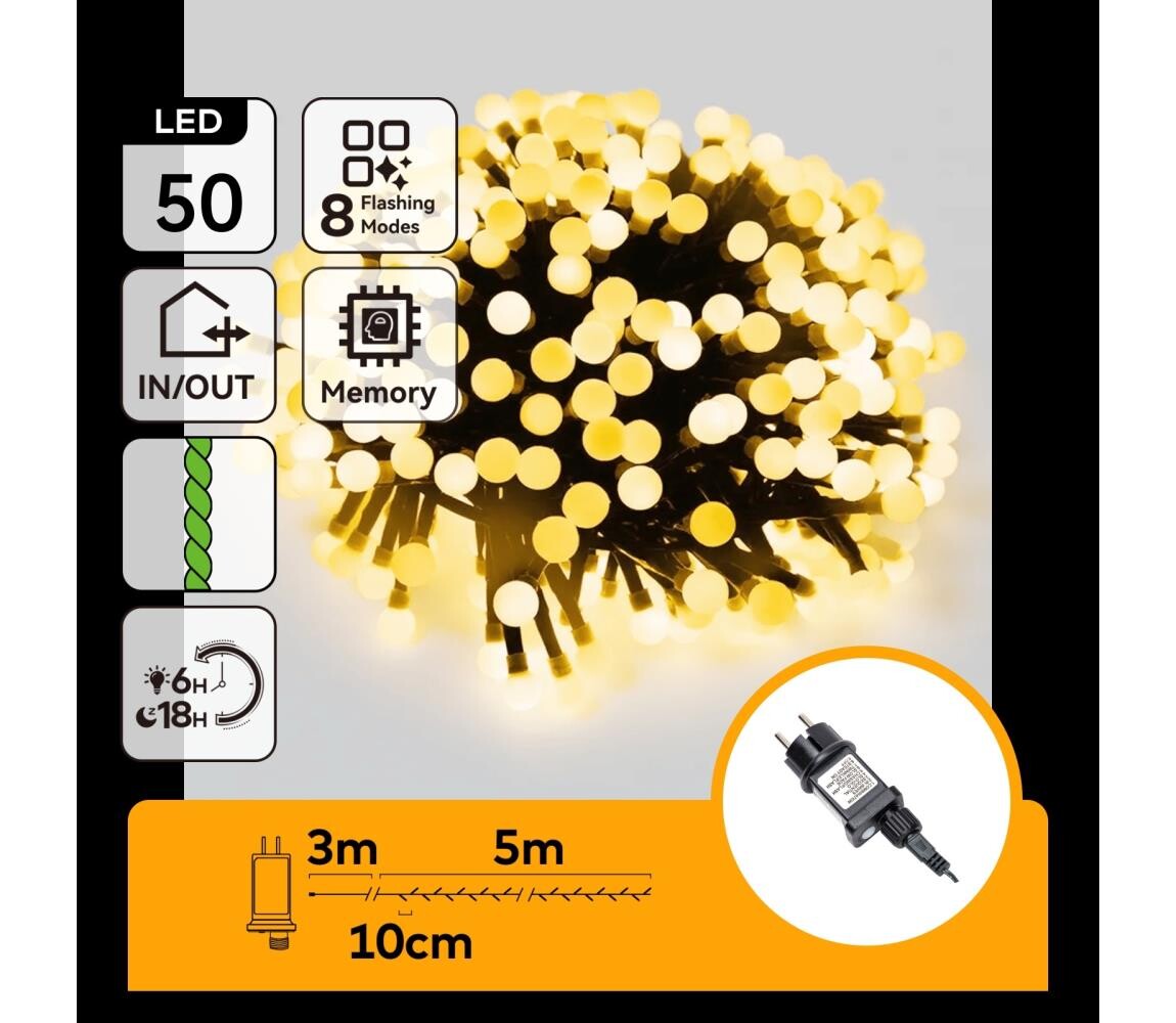 B.V.  - LED Venkovní vánoční řetěz 50xLED/8 funkcí 8m IP44 teplá bílá B103031OL