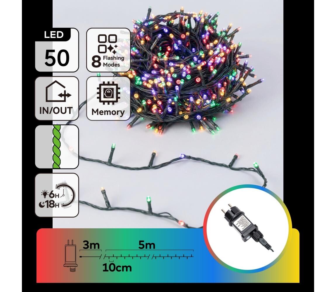 B.V.  - LED Venkovní vánoční řetěz 50xLED/8 funkcí 8m IP44 multicolor B10303ABNM