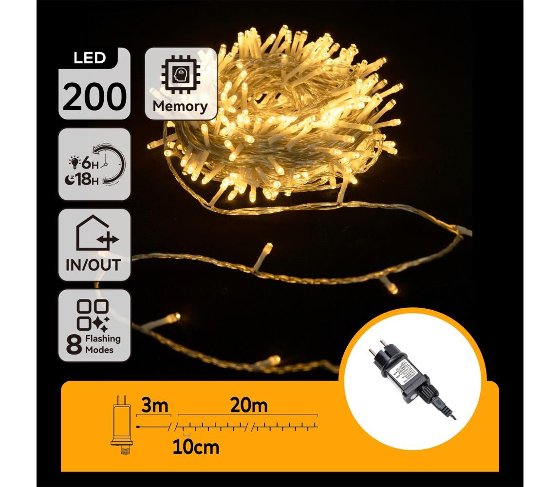 B.V.  - LED Venkovní  řetěz 200xLED/8 funkcí 23m IP44 teplá bílá B103031PR