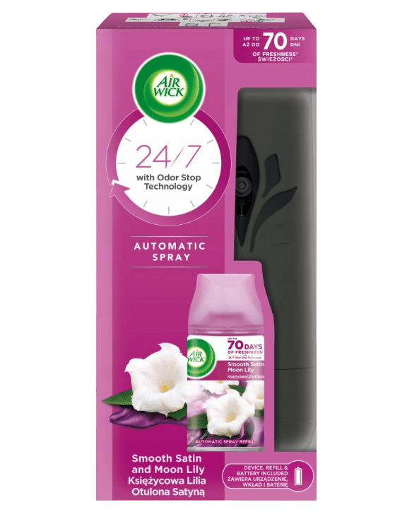 AIRWICK Automatický difuzér Freshmatic šedý s náplní Jemný satén a měsíční lilie 250 ml