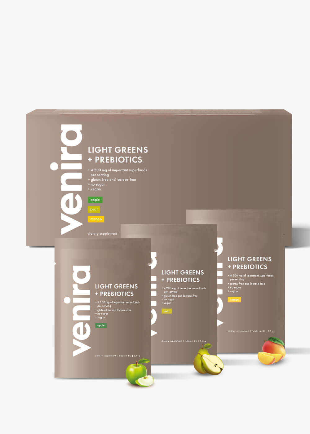 VENIRA light greens + prebiotika, mix 3 příchutí, 30 sáčků, 168 g