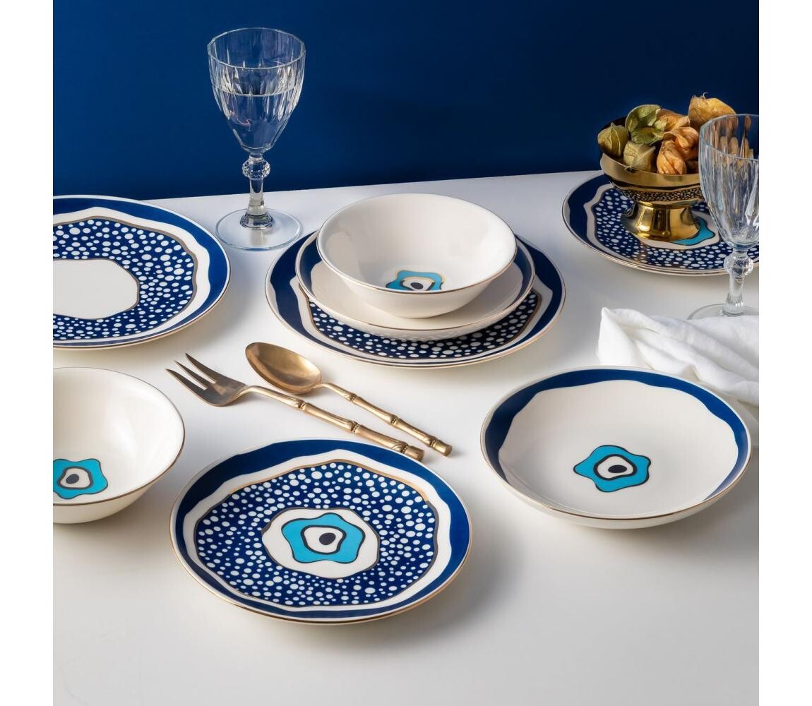 Jídelní sada 24 ks bílá/modrá/zlatá/porcelán 667PRS1140