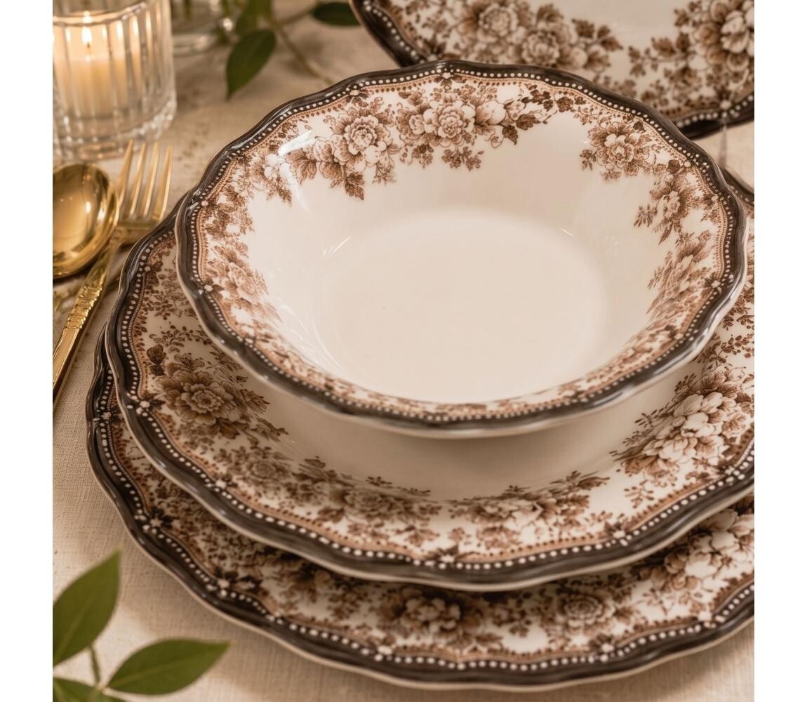Jídelní sada 24 ks bílá/hnědá/porcelán 667PRS1165