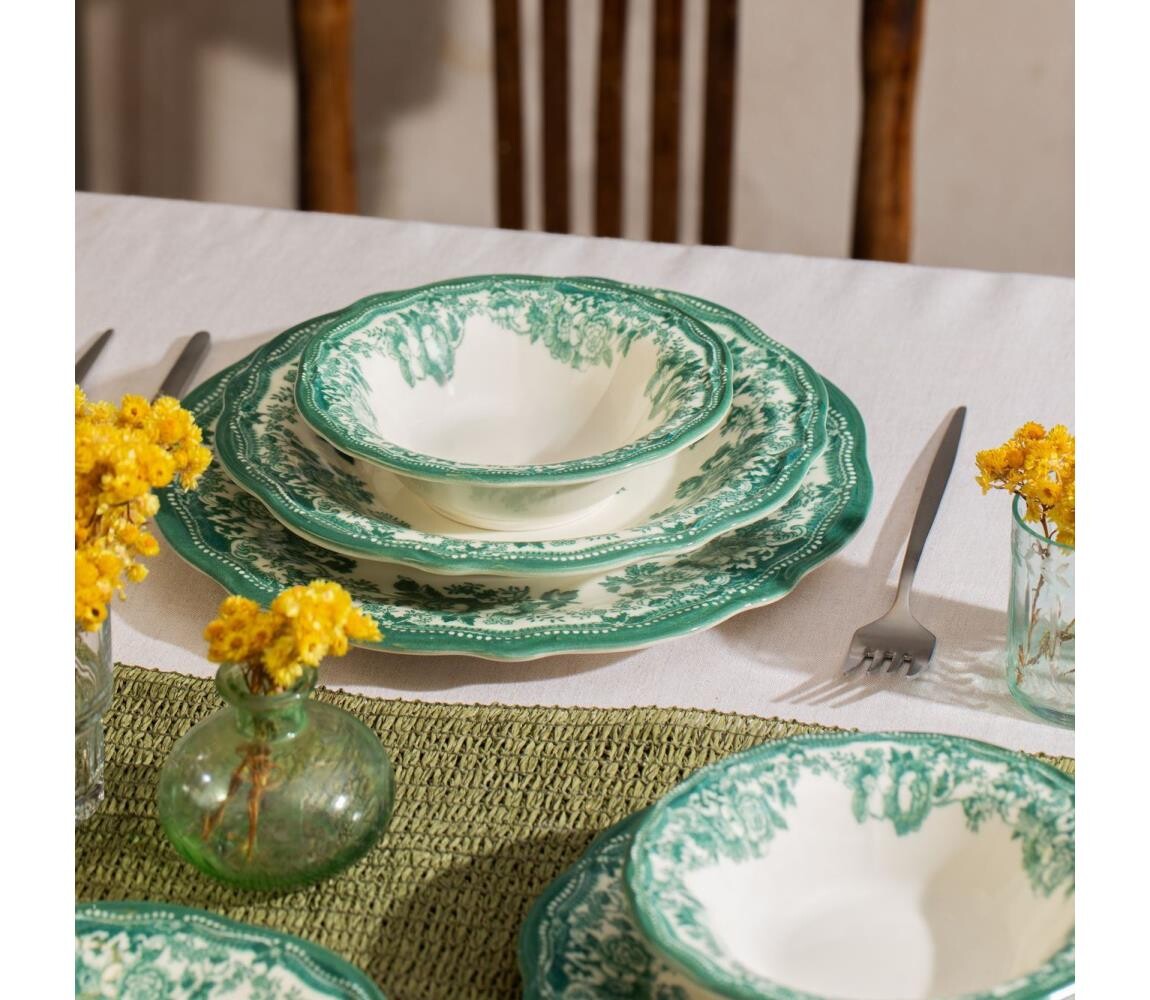 Jídelní sada 24 ks bílá/zelená/porcelán 667PRS1153
