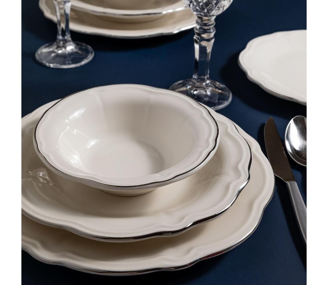Jídelní sada 24 ks bílá/stříbrná/porcelán 667PRS1136