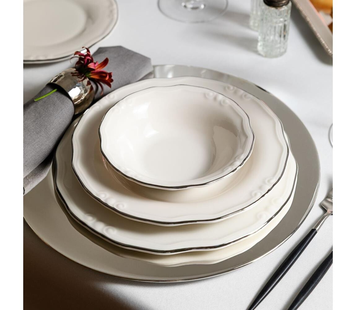 Jídelní sada 24 ks bílá/stříbrná/porcelán 667PRS1134
