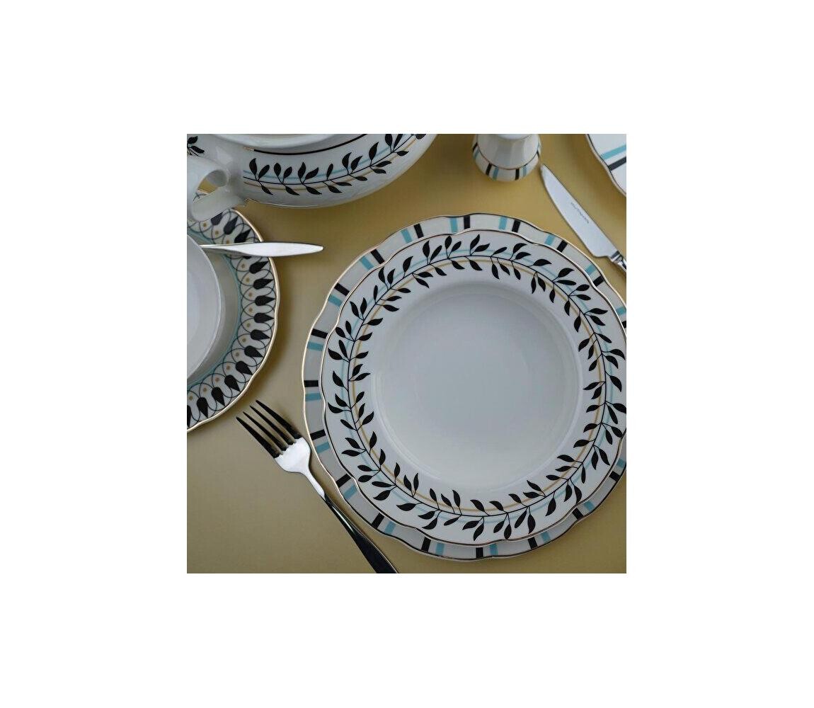 Jídelní sada 62 ks bílá/modrá/černá/porcelán 710KTP3811