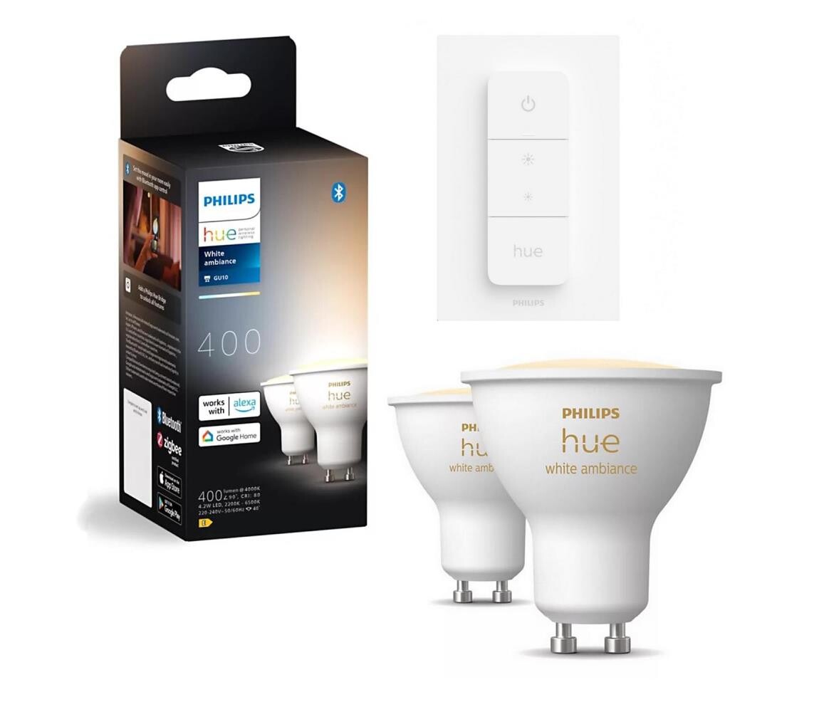 SADA 2x LED Stm. žárovka Philips Hue WHITE AMB. GU10/4,2W/230V + dimmer switch P6173+P4252