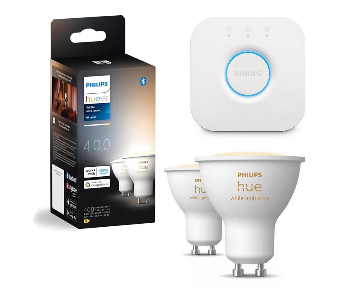 SADA 2x LED Stmívat. žárovka Philips Hue WHITE AMB. GU10/4,2W/230V + Hue bridge P6173+P1408