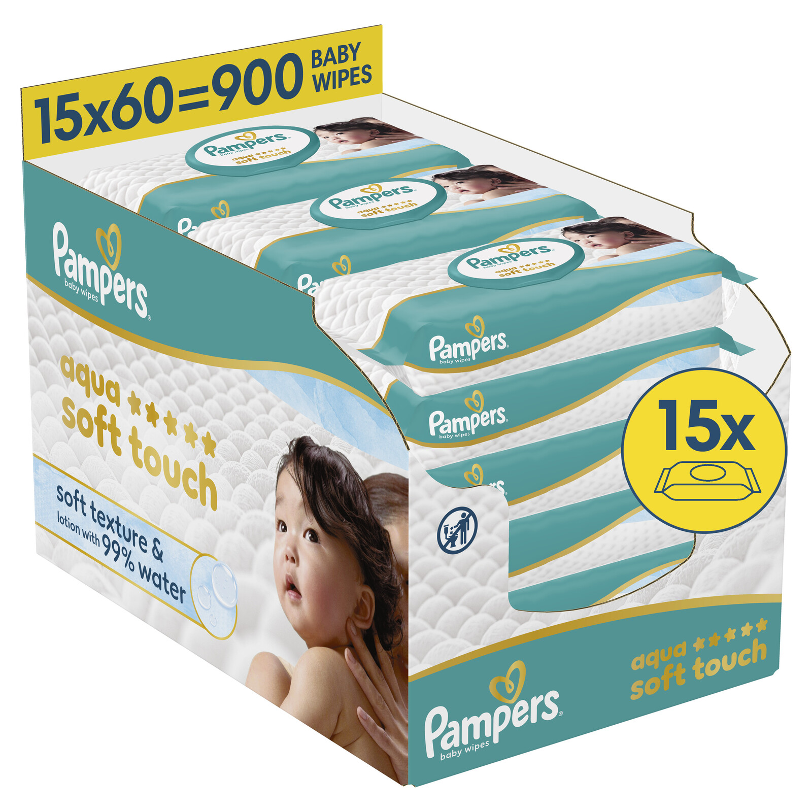 PAMPERS Dětské čisticí ubrousky, Aqua Soft Touch Baby 15 x 60 ks