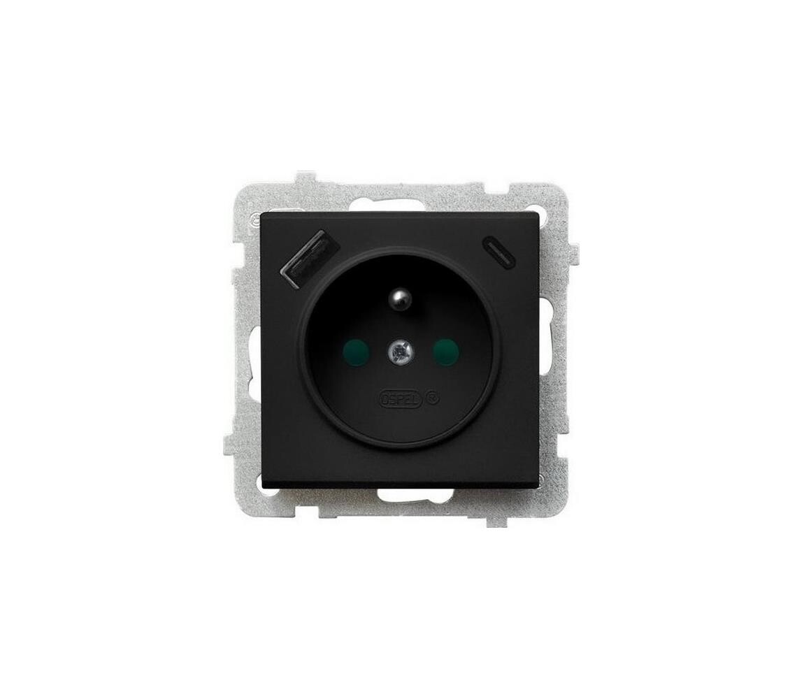 Ospel - Zásuvka domovní bez rámečku 230V + 1xUSB-A + 1xUSB-C SONATA černá GP-1RZPUSBAC/m/33