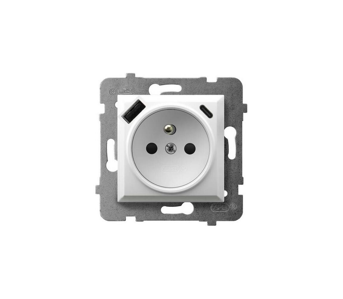 Ospel - Zásuvka domovní bez rámečku 230V + 1xUSB-A + 1xUSB-C ARIA bílá GP-1UZPUSBAC/m/00