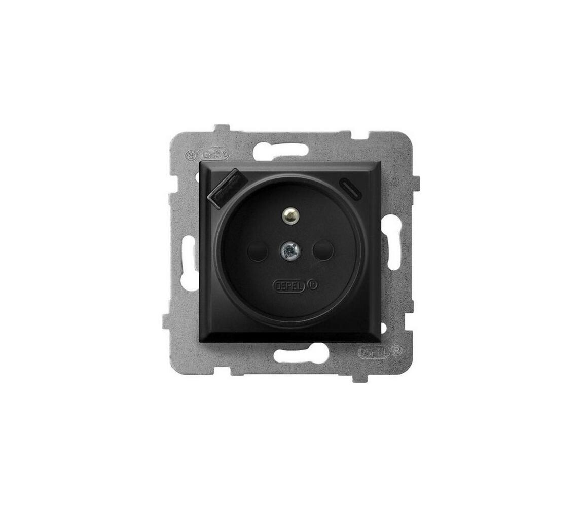 Ospel - Zásuvka domovní bez rámečku 230V + 1xUSB-A + 1xUSB-C ARIA černá GP-1UZPUSBAC/m/33