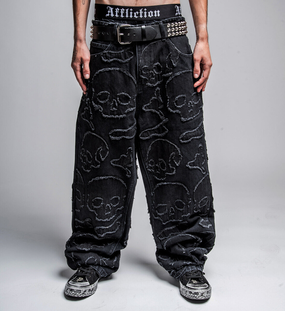 pánské kalhoty jeans baggy AFFLICTION - ETERNAL SKULL - washed černé 28