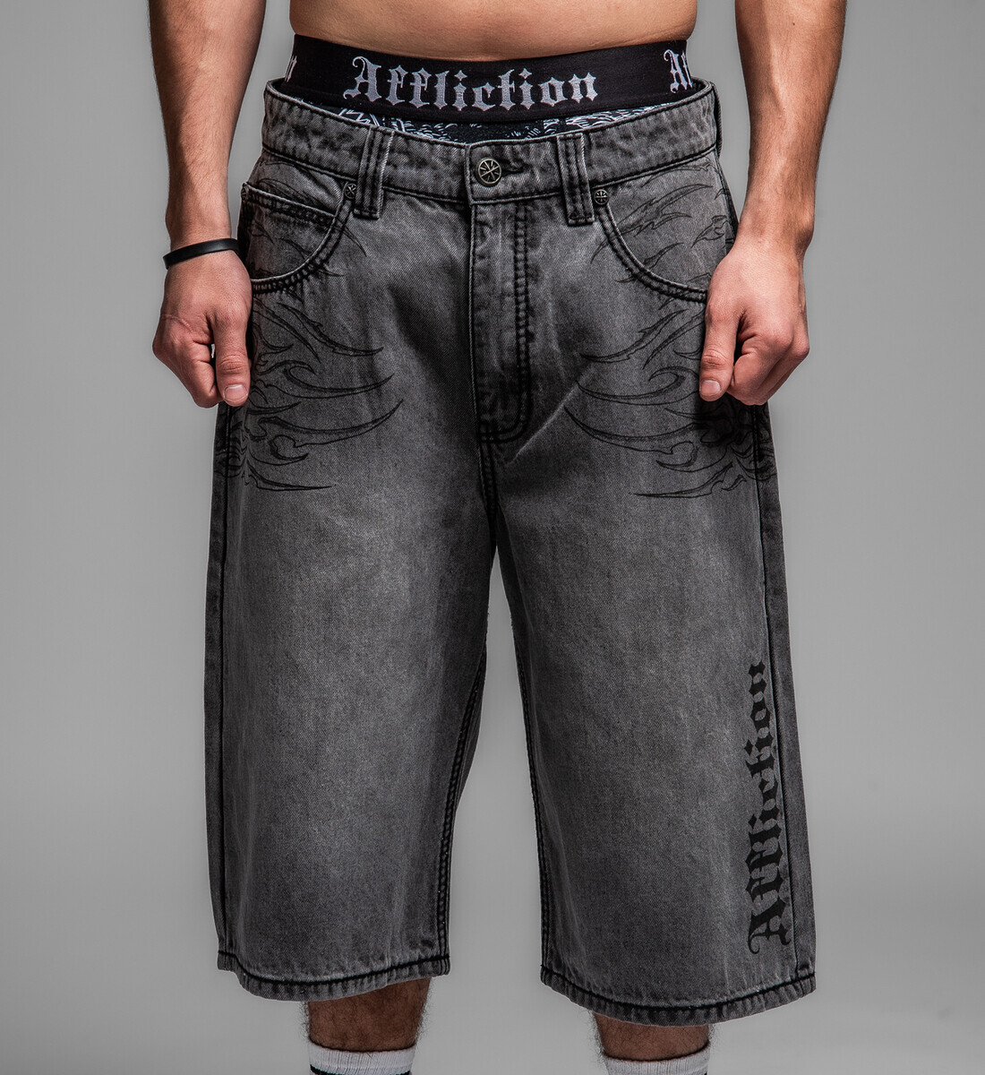 pánské kraťasy jeans AFFLICTION - CROSSED IN CHAINS - washed šedé 28