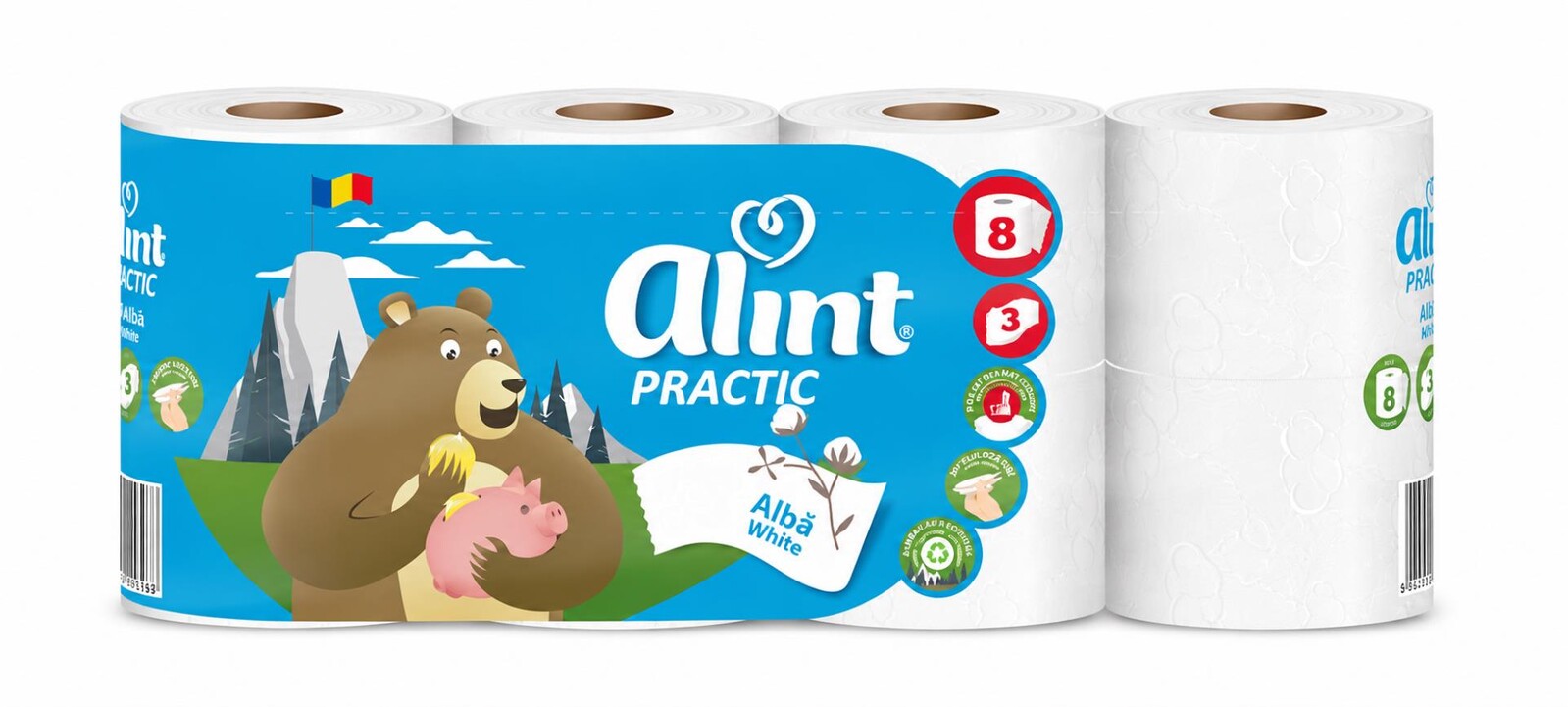 Toaletní papír Alint Practic White - 3vrstvý, bílý, 15,4 m, 8 rolí