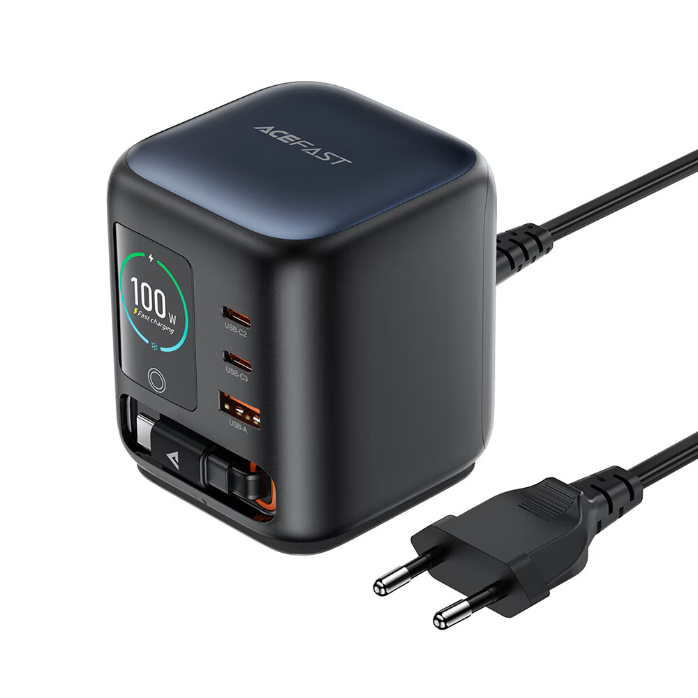 Stolní nabíjecí stanice Acefast Z10 GaN 100 W s výsuvným USB-C kabelem černá