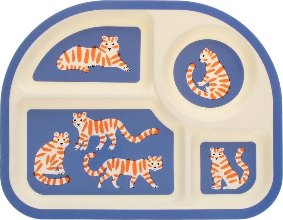 Modrý/béžový plastový dětský talíř 21x27 cm Tiger – Rex London