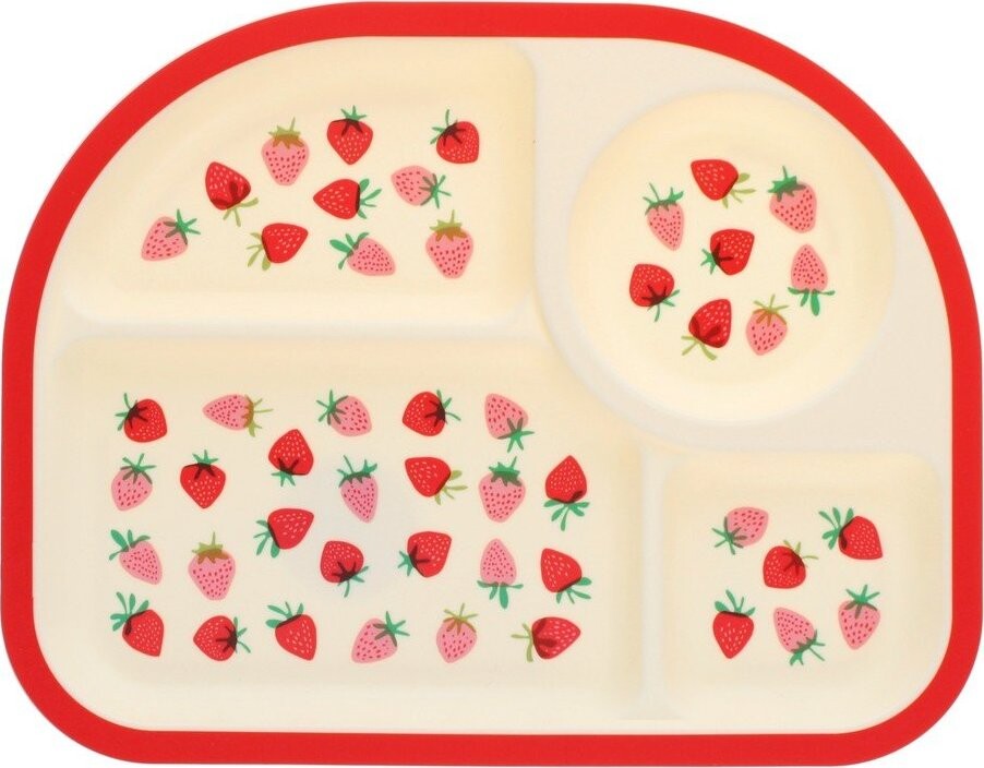 Červený/béžový plastový dětský talíř 21x27 cm Little Strawberry – Rex London