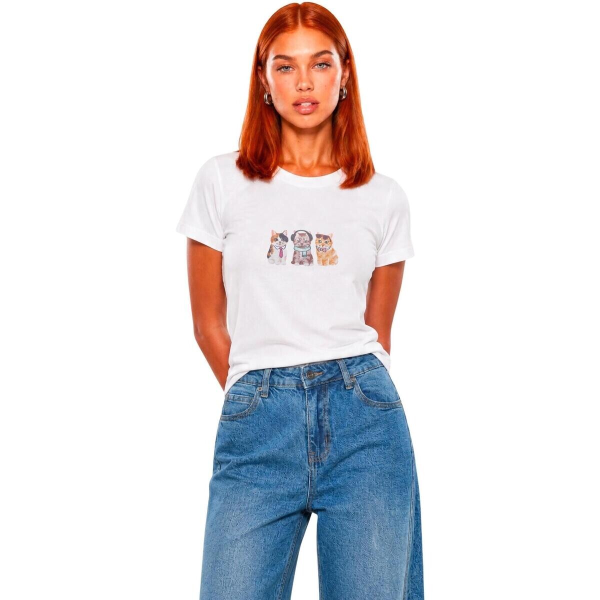 I Am  T-SHIRT HEAVY COTTON STAMPA GATTINI 2187 CAT CREW  Bílá