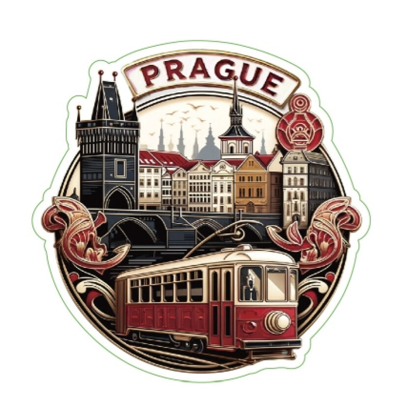 Samolepka ČR Prague s historickou tramvají 6 x 6 cm - barevná