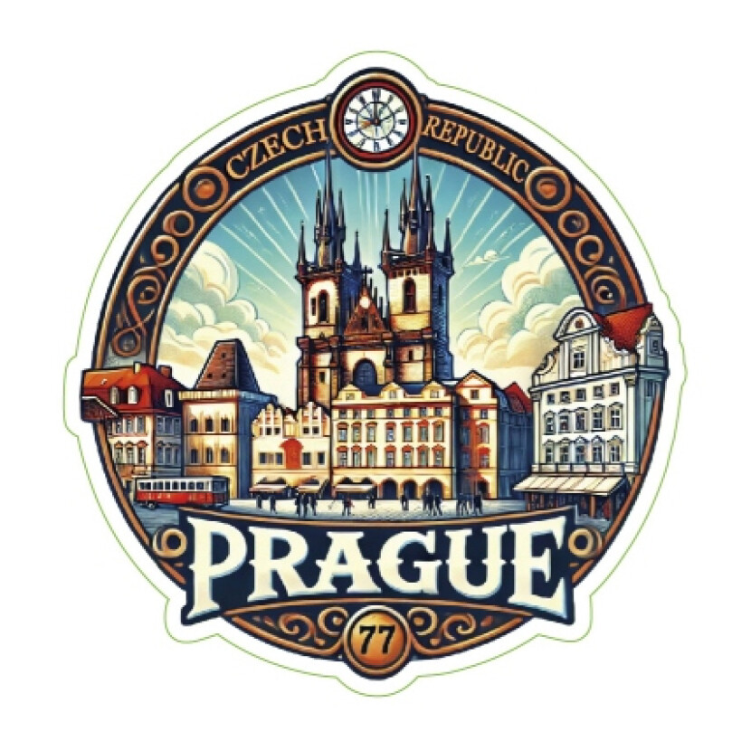 Samolepka ČR Prague s kostelem Panny Marie před Týnem 6,2 x 6 cm - barevná