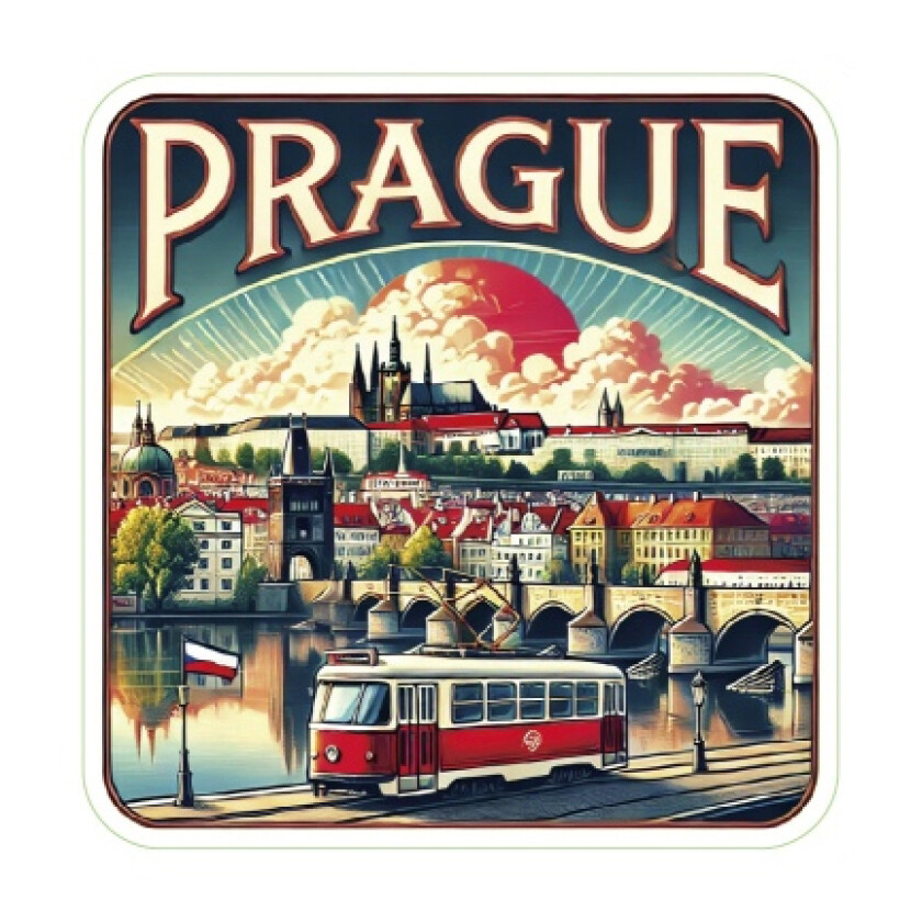 Samolepka ČR Prague s hradem a tramvají 6,2 x 6 cm - barevná