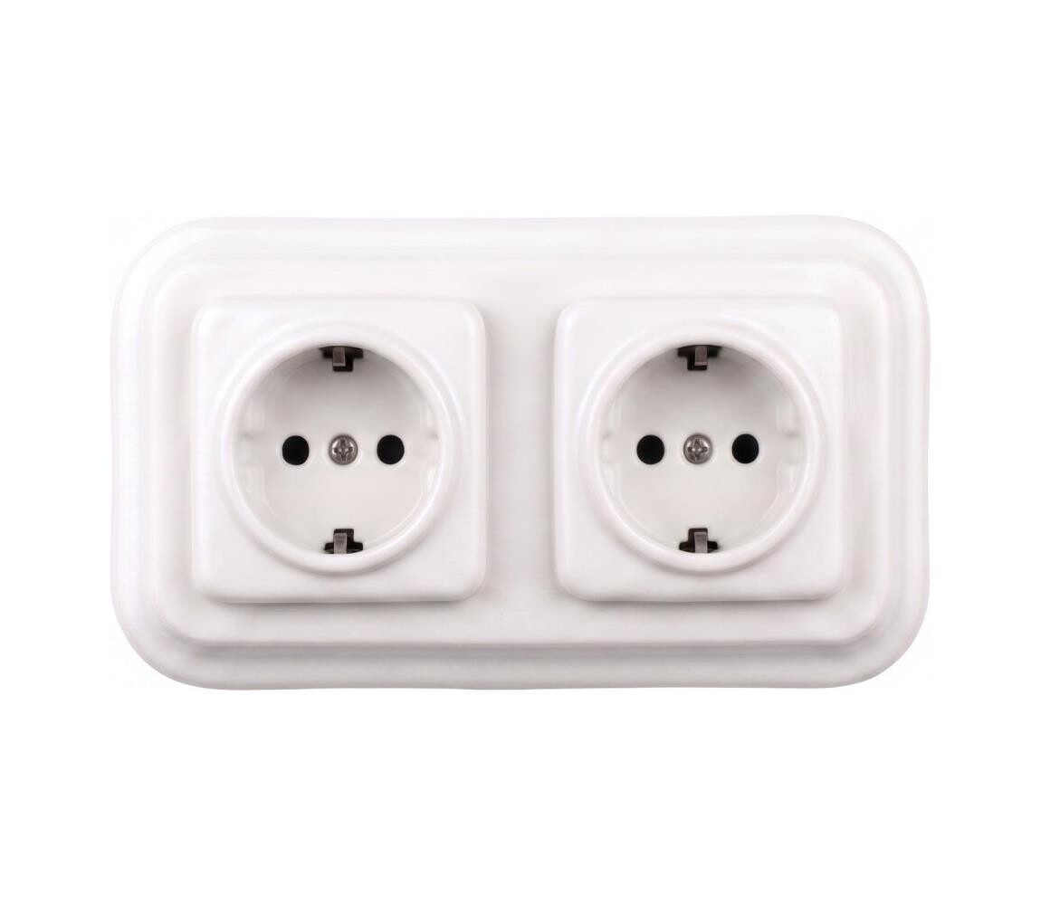 Elhard - Dvojitá keramická retro zásuvka domovní s rámečkem SCHUKO 230V bílá EF0016+2xEF0014