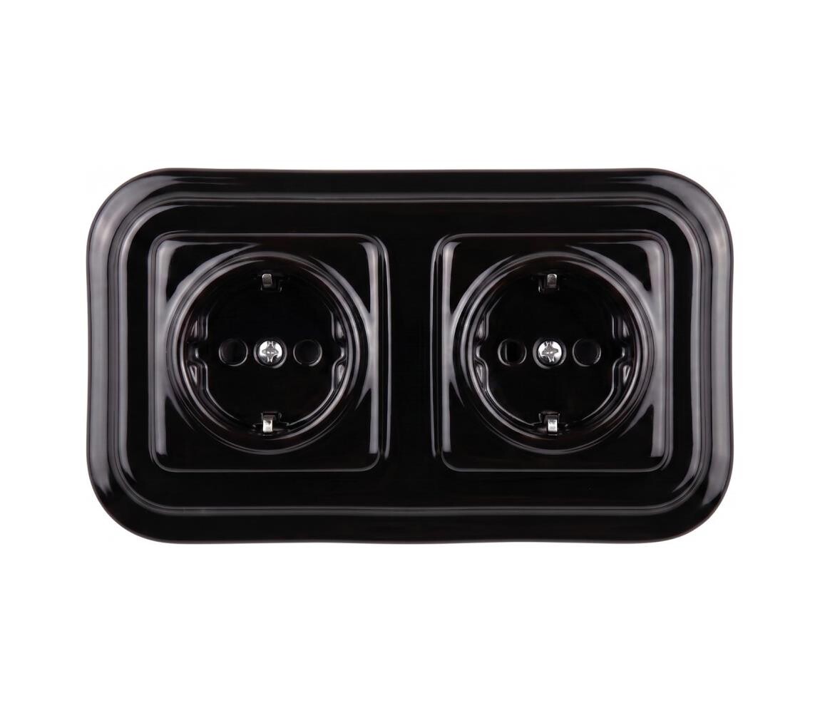 Elhard - Dvojitá keramická retro zásuvka domovní s rámečkem SCHUKO 230V černá EF0033+2xEF0031