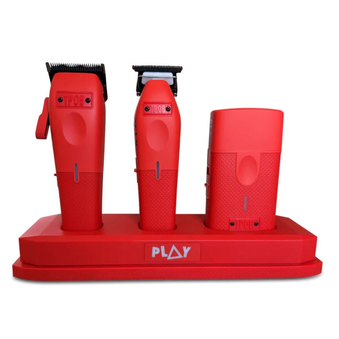 TPOB PLAY MINI BUNDLE WITH STAND - set střihacího, konturovacího a holicího strojku se stojanem + Stlačený vzduch, 400 ml + M22 - olej na mazání hlavic, 200 ml RED - červená sada