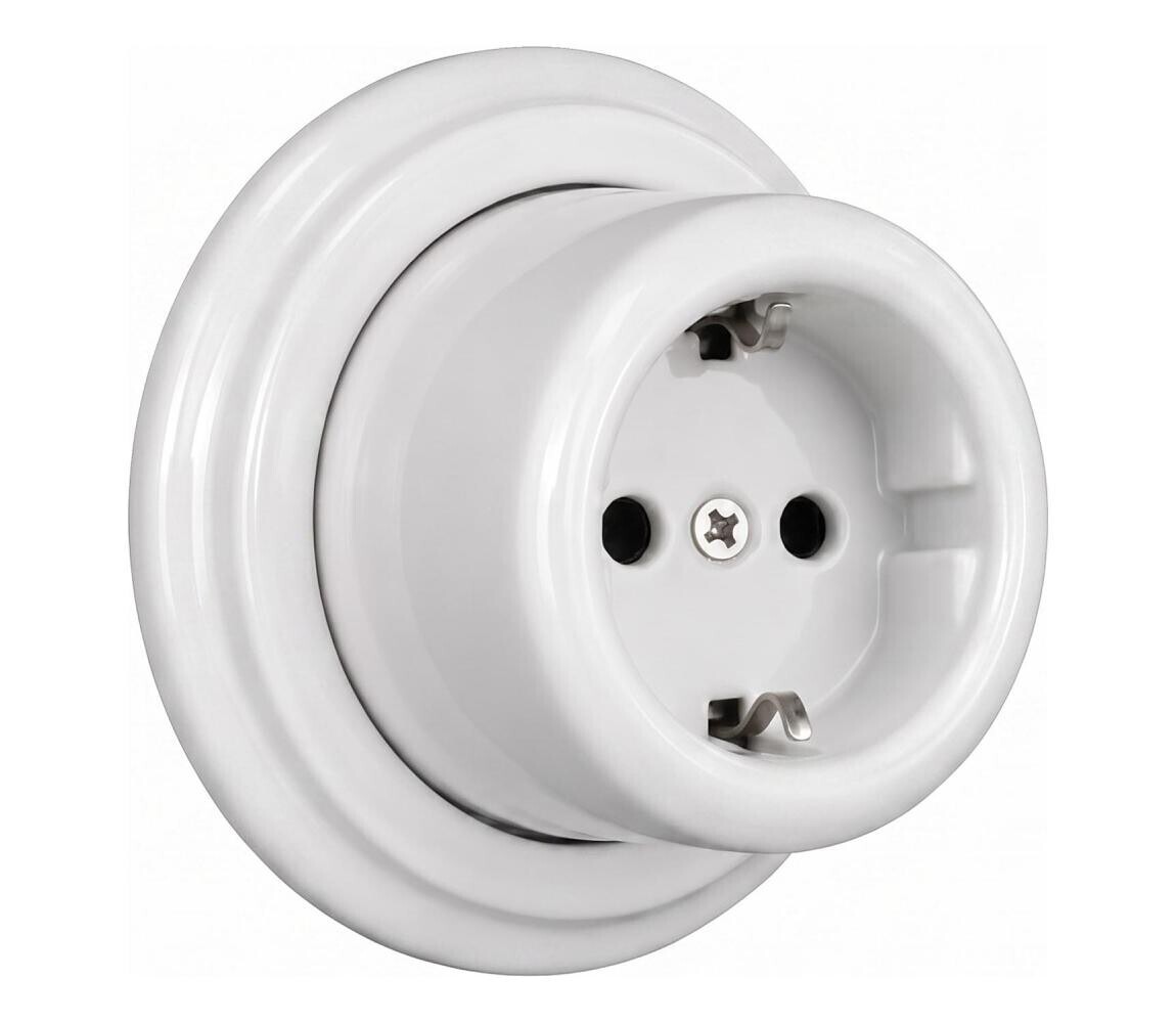 Elhard - Nástěnná keramická retro zásuvka domovní s rámečkem SCHUKO 230V bílá EF0054+EF0051