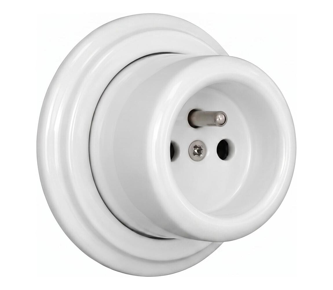 Elhard - Nástěnná keramická retro zásuvka domovní s rámečkem 230V bílá EF0054+EF0050