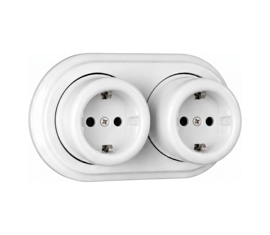 Elhard - Dvojitá nástěnná keramická retro zásuvka s rámečkem SCHUKO 230V bílá EF0055+2xEF0051