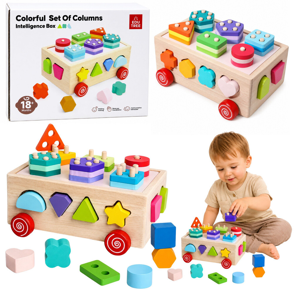 mamido Dřevěný Montessori třídicí vozík na kolečkách