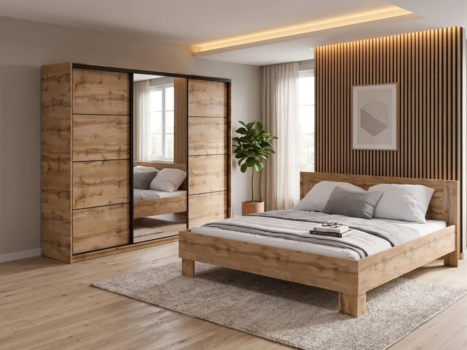 Ložnice NEJBY BARNABA PREMIUM 250 s postelí 180x200 cm s vyšším čelem, dub wotan