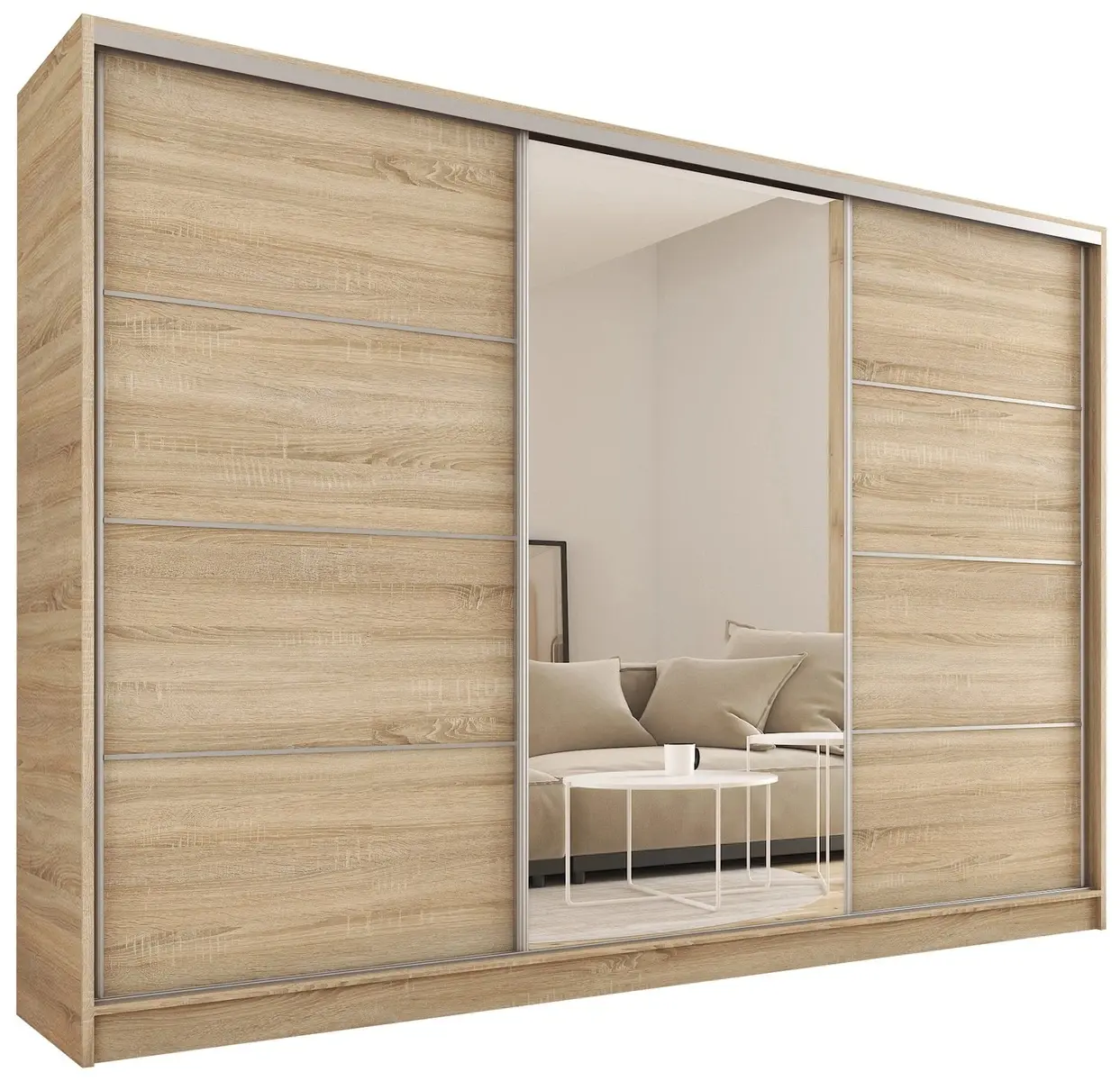 Šatní skříň LITOLARIS MAX 250 se zrcadlem, 4 šuplíky a 2 šatními tyčemi, výška 235 cm, dub sonoma