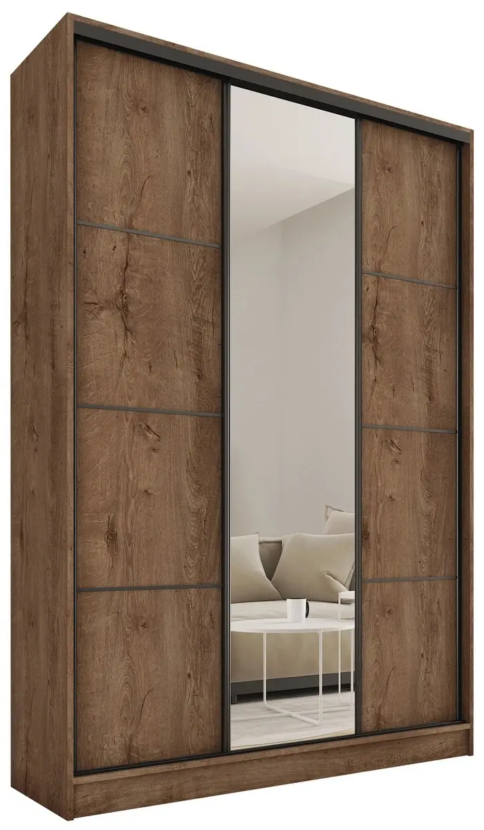 Šatní skříň HARAZIA MAX 150 se zrcadlem, 4 šuplíky a 2 šatními tyčemi, výška 235 cm, dub lefkas
