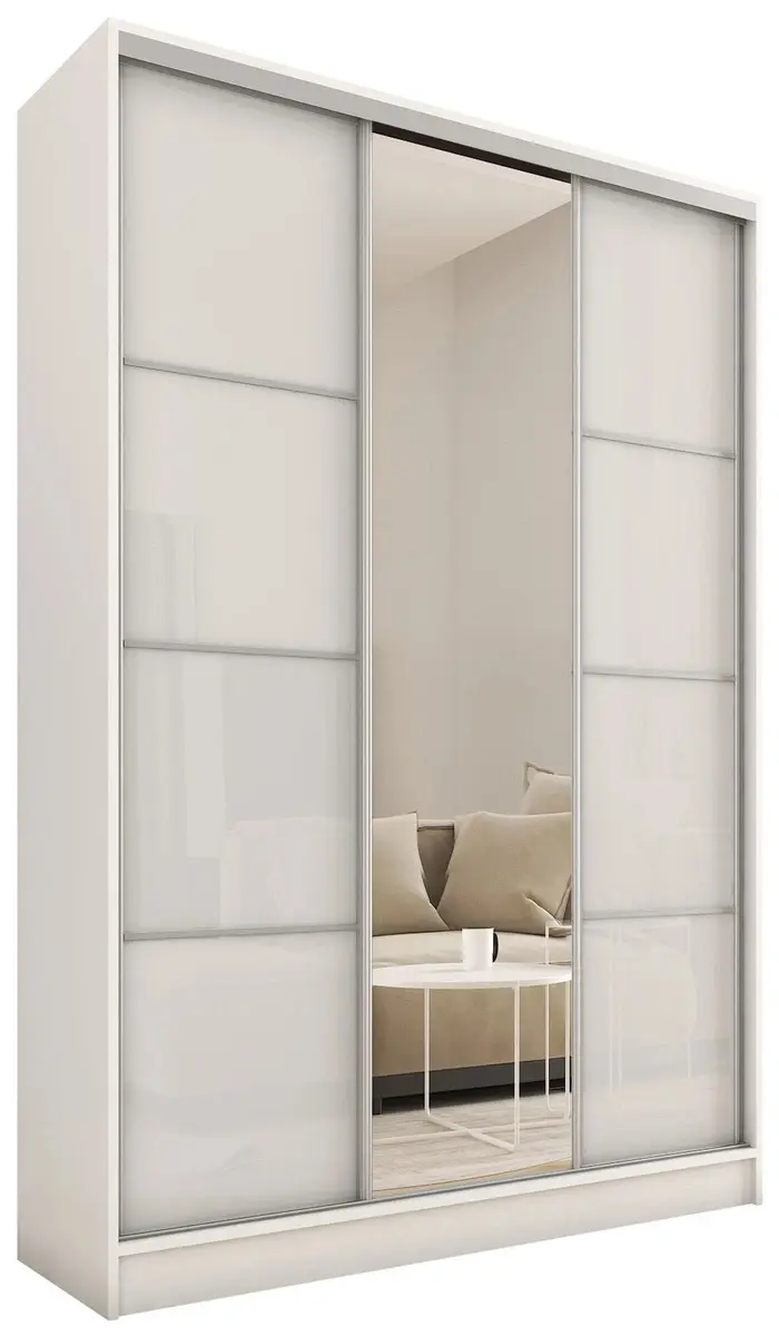 Šatní skříň LITOLARIS MAX 150 se zrcadlem, 4 šuplíky a 2 šatními tyčemi, výška 235 cm, bílý mat